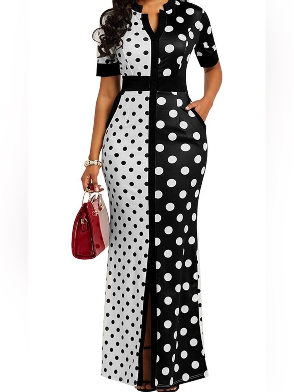 Verwin Polka Dot Print Pocket Short Sleeve Bodycon Slot Maxi Dress, XL